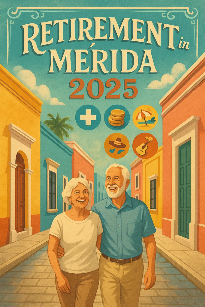 Una pareja de jubilados (personas sonrientes, canosas, vestidas de forma ligera y casual) caminando felices por las calles de Merida, Íconos pequeños representando salud (una cruz médica), bajo costo (una moneda), playa (una sombrilla) y cultura (una guitarra o sombrero).